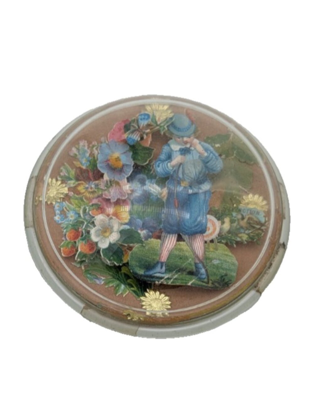 vintage Victorian die cuts Child w/bow flowers in round glass paperweight